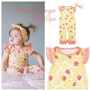 2pc. Roses & Leaves Baby Girl Romper with Headband